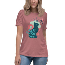 Load image into Gallery viewer, Women&#39;s Relaxed T-Shirt Cat and Bird at Night
